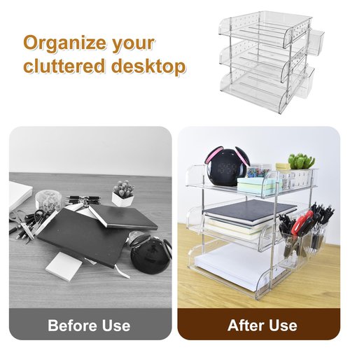 3 Tier Desktop File Organizer, Acrylic Clear Stackable Desktop Paper Organizer Letter Tray Shelf with Pen Holder, Pegboard Shelf Office Organizer for File Paper, Letter, A4 Office File, Books, Notes