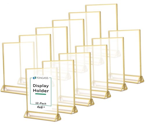 TonGass (12-Pack) 4x6 Standard Double-Sided Acrylic Wedding Table Numbers Picture Frames, Clear Sign Holders with 3mm Gold Border & Vertical Stand