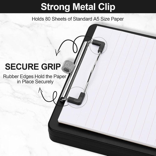 Meiikun A5 Mini Clipboard - Storage & Pen Holder | 6x9 Black Plastic Clipboards for School & Office