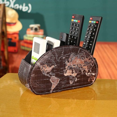 LINKWELL Remote Control Holder, Spacious Decorative PU Leather Makeup Organizer with 5 Compartments, Table Decor Storage Remote Caddy for TV, DVD, Blu-Ray, Office Supplies World Map Black PH56
