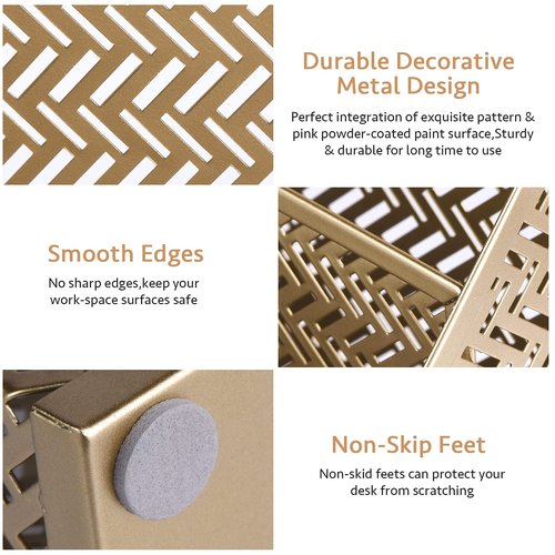 POPRUN Desk Organzier Set Cute Desk Accessories 4 Piece-Letter Sorter, Pencil Holder, Magazine Holder and Paper Tray Office Organizer set - Cute Stationary Desktop Accessories for Women Desk Set- Gold