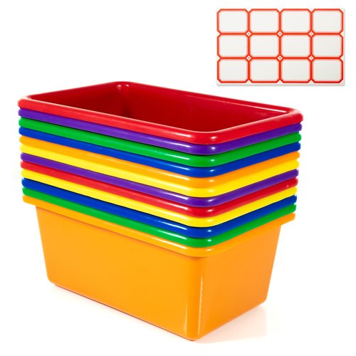 BloxBerry Small Cubby Bins 12 Piece Pack for Office Storage Kids Classroom or Toy Home Organizing Cube Bin with Plastic Container Self Adhesive Labels (11.6 x 7.7 x 4.9 Inch