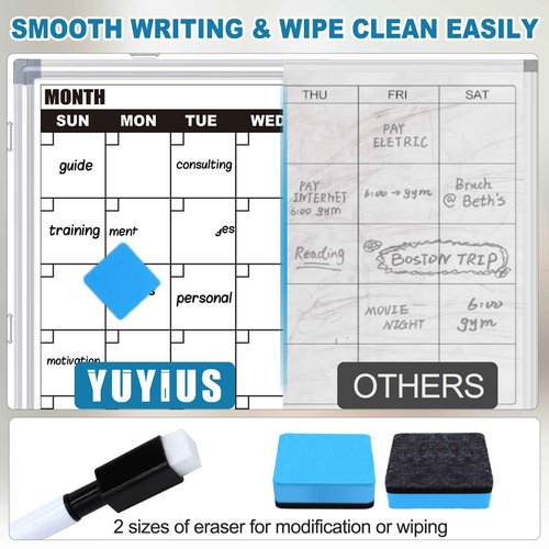 YUYIUS Calendar Whiteboard for Wall, 24" x 18" Double Sided Monthly Dry Erase Board Calendar for Office, Home, School, Hanging Cork Board White Board Combo, Portable Magnetic Dry Erase Planner Board