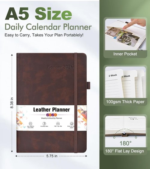 2026 Weekly & Monthly Planner - Skiennix Leather Agenda Organizer Book, A5 Size (5.75" x 8.38"), Brown