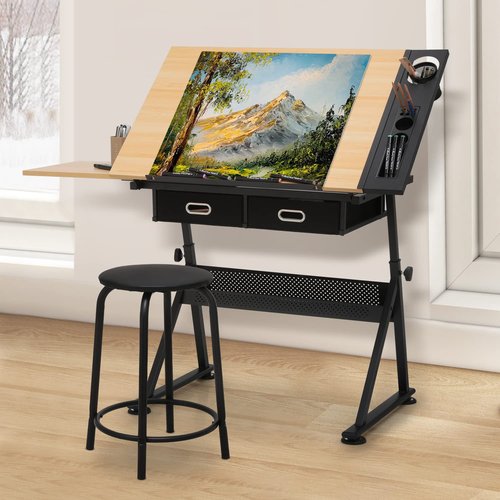 MoNiBloom Adjustable Drafting Table & Stool Set with Storage, Versatile Art Desk and Craft Center Home Study Room Artist Desk