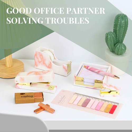 Pink Marble Desk Accessories Organizer Set of Stapler, Staple Remover, Tape Dispenser, Memo Pad Holder, Scissor, Ballpoint Pen, Binder Clips, Sticky Notes Office Supplies (Pink Marble)