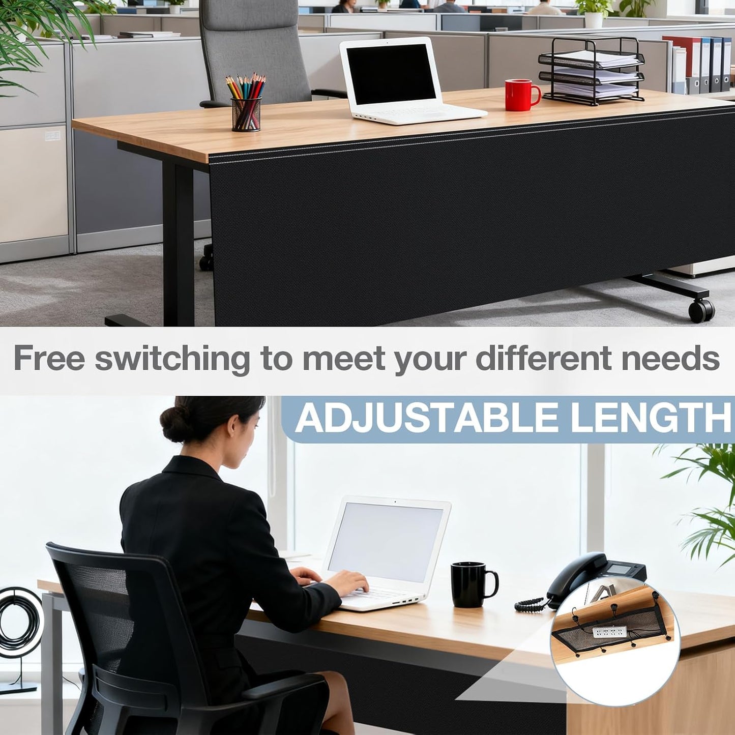 Tegeme 71'' Under Desk Privacy Panel - Self-Adhesive Modesty Panel with Cable Management | Black