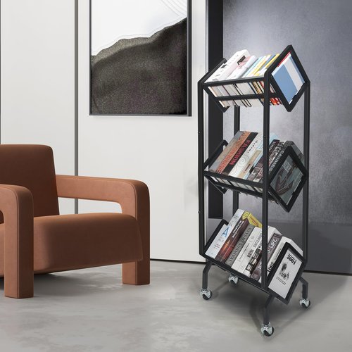 GSMFS with 360°Rotation Wheels 3-Tier Metal Book Carts,Used for Study Rooms, Living Rooms, Sofas, and Beds Library Cart, Slanted Bookshelf Study Rooms
