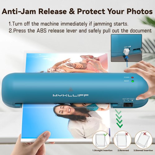 Laminator Machine 9-Inch Portable Thermal Laminater with Hot & Cold Modes, A4 Small Laminating Machine with ABS Jam-Release, 3-Min Warm-Up, 6-in-1 Photo Laminator Kit for Office & Classroom Blue-Gray