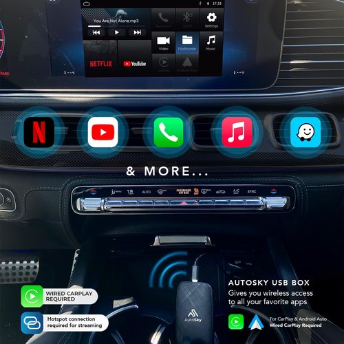 AutoSky Wireless CarPlay and Android Auto AI Box Lite for Factory Wired CarPlay Cars - Supports Netflix and YouTube Must use Hotspot - Go Wireless CarPlay and Android Auto. Wired CarPlay Required