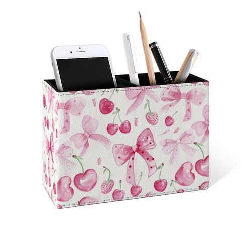 Famame Cute Bows Pink Cherry Pencil Holder for Desk, Leather Desktop Container Pen Cup Storage Study Table Pen Organizer Makeup Brush Holder for Classroom Office Home