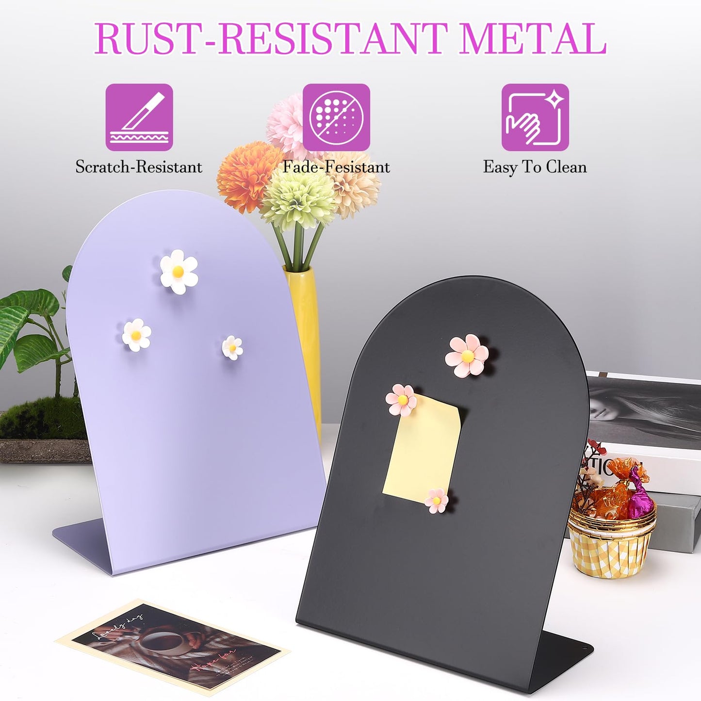 PATIKIL Magnetic Bulletin Board, Memo Magnet Display Stand Board with 3 Flower Magnets for Home Office Kitchen Restaurant Cafe Supplies, Purple/White