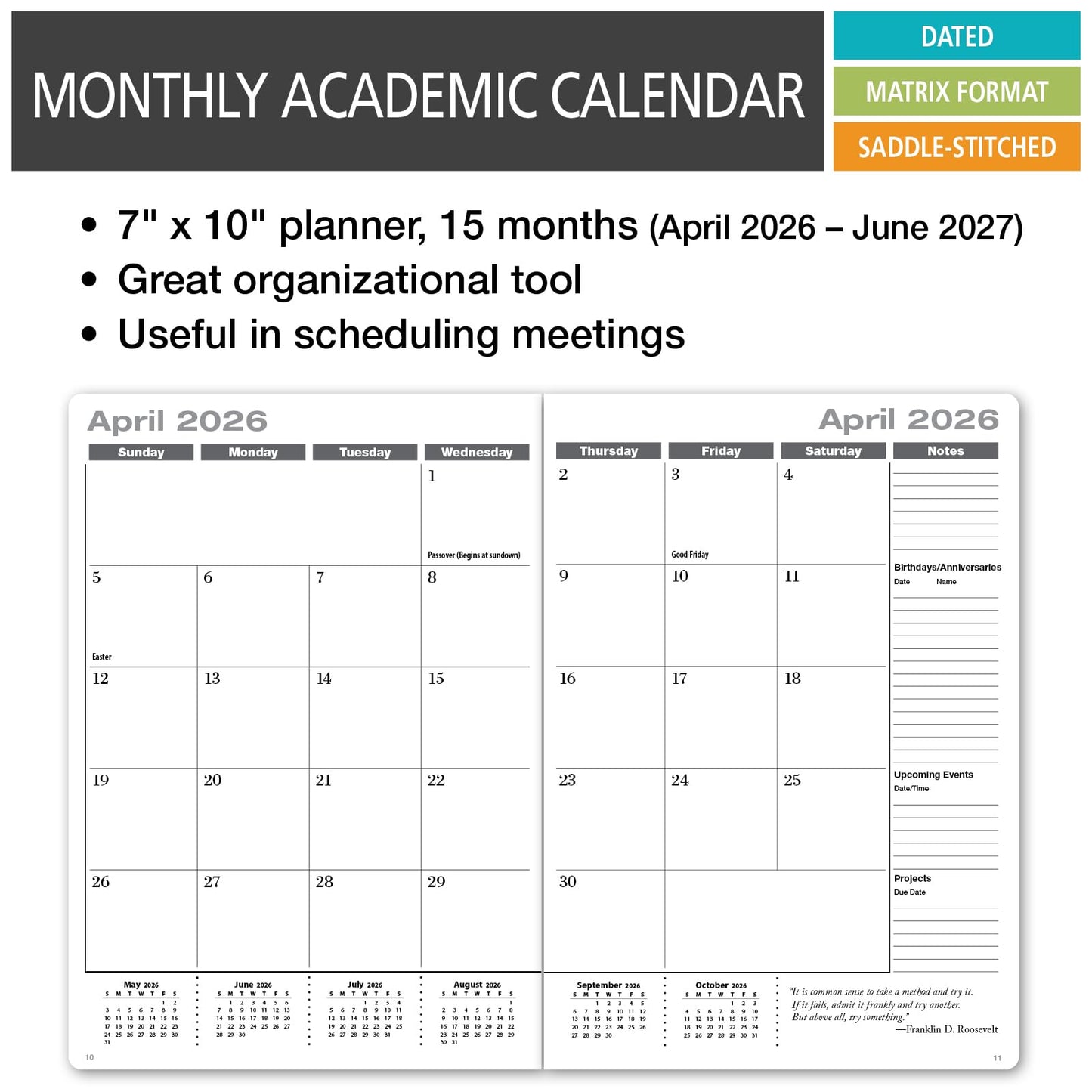 Elan Publishing Company Academic Calendar - 15 Months (April 2026 - June 2027) 7" X 10" Saddle-Stitched Dated for 2026-2027 Academic Year (Black)
