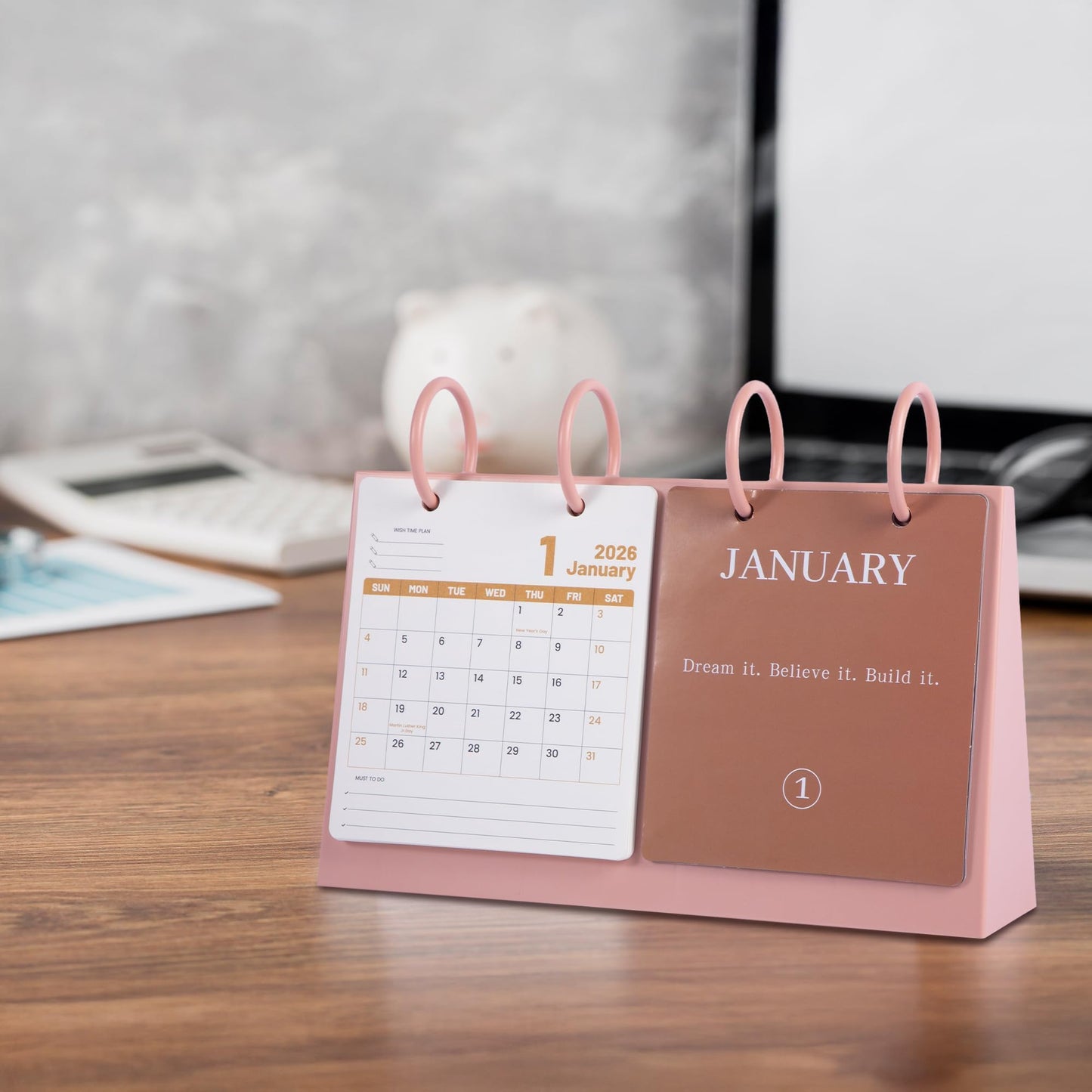 Bibiage 2026 Small Desk Calendar - Mini Flip Standing Desk Calendar with Motivational Quotes, Stable Plastic Base Desktop Calendar, Cute Desk Decor for Home Office School, Pink 10" x 6", Blue
