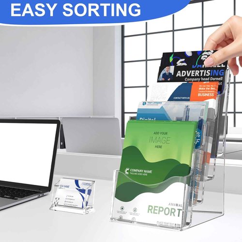 4 Pcs Acrylic Brochure Holder, 6 x9 Inches Flyer Holder, 4 Tier Clear Pamphlet Holder, 6.9 Inch Wide Magazine Literature Organizer Holder, Brochure Display Stand, for Wall Mount or Desktop Use
