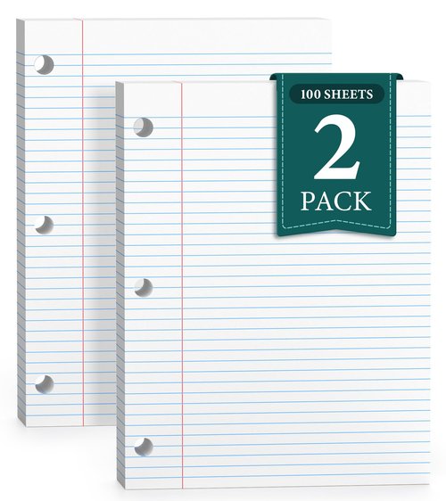 PINJINGPRO Loose Leaf Paper, Notebook Paper, 8 x 10.5 College Ruled Paper, 3 Hole Punch Binder Paper, Lined Paper for 3 Ring Binders, College Ruled Paper, 100 Sheets/Pack Filler Paper (2 Pack)