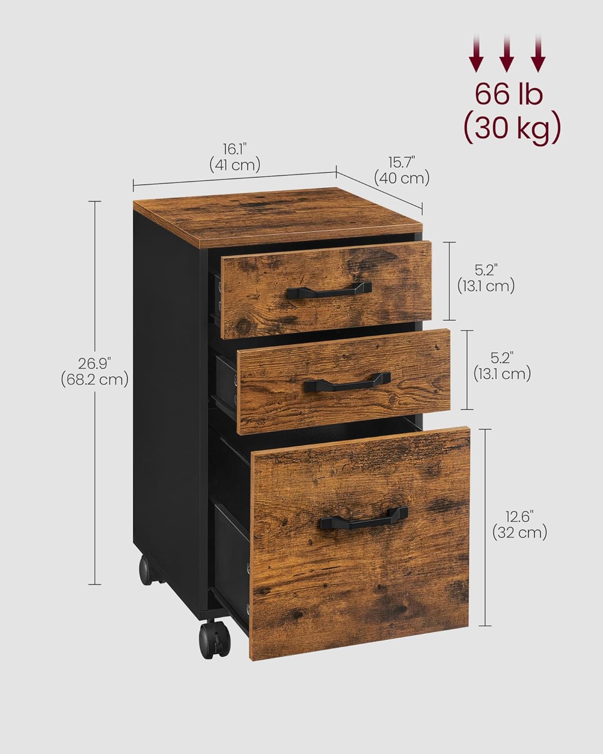 VASAGLE File Cabinet - 3-Drawer Home Office Storage with Wheels | Rustic Brown & Ink Black Finish