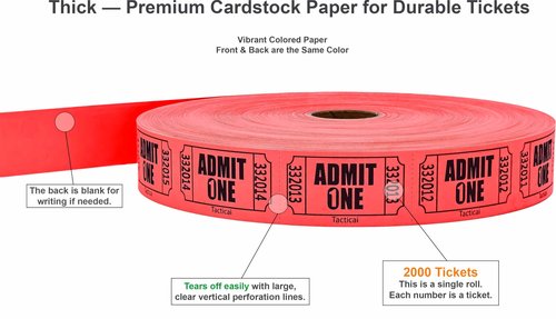 Tacticai 2000 Raffle Tickets, Admit One, Single Roll, Ticket for Events, Entry, Class Reward, Fundraiser & Prizes - Red (1 of 8 Colors)