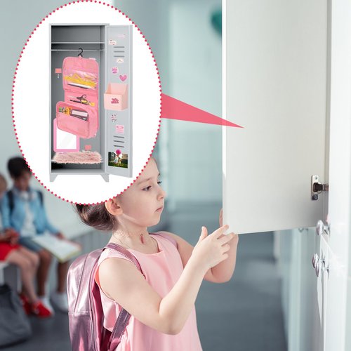 Pink Locker Accessories for Girls Locker Decorations Locker Organizer Kit Includes 2 Magnetic Hooks Mirror Pen Holder Carpet Hanging Bag 4 Magnets 2-Tier Clear Shelf Stickers for School Office, Pink