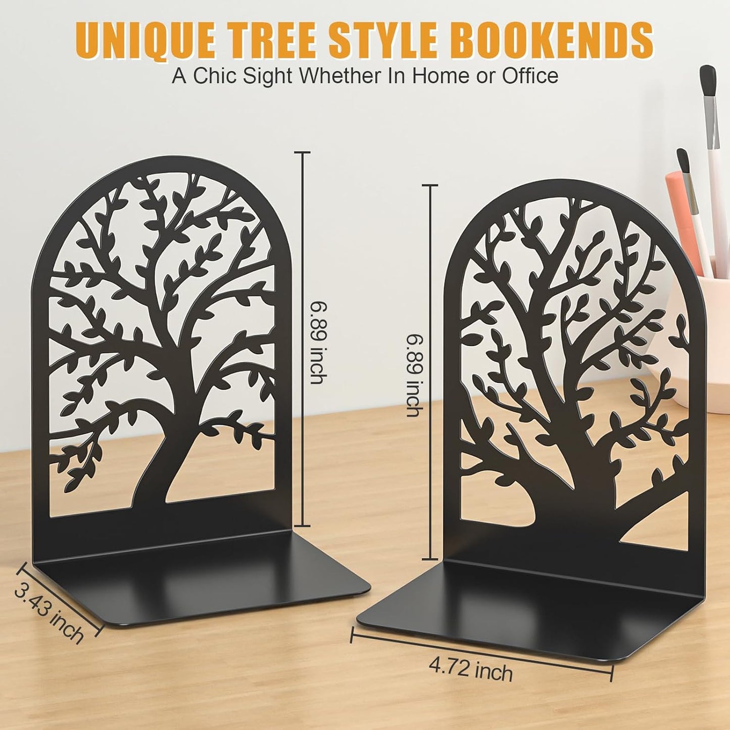 VFINE Black Metal Bookends - Heavy Duty Decorative Bookends for Shelves | Modern Design (2 Pairs)