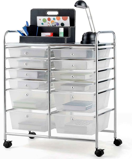OFFICEJOY Storage Cart, 12 Drawer Rolling Organizer Cart with Large Capacity, Portable Carrying Handle & Lockable Wheels, Utility Cart for Tool Home Office School Beauty Salon Art Craft (White)