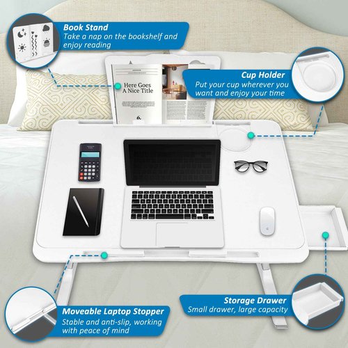 Lap Desk for Bed, Folding Laptop Stand for Bed Table, Adjustable Portable Laptop Bed Tray Desk with Storage Drawer Bookstand Cup Holder for Eating, Working, Writing in Sofa Couch Floor