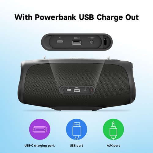 TAZATA Portable Loud Bluetooth Speaker, 60W Large Subwoofer Wireless Bluetooth 5.3 with Powerbank USB Charge Out,Waterproof IPX7,Rugged Outdoor Boombox for Party,Beach,Golf Life,Pool, Shower,Bike Use