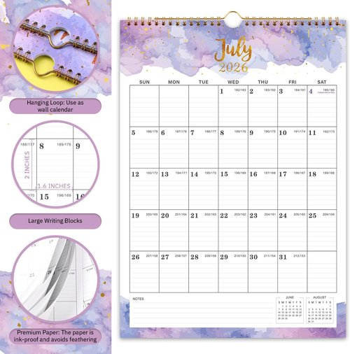 Colorful Waterink Wall Calendar 2026-2027 | 18-Month Twin-Wire Binding, 12" x 17" Size, Hanging Hook