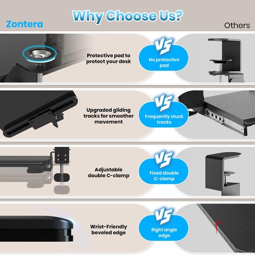 Zontera Large Keyboard Tray That Slides Out from Under The Desk, Pull Out with Adjustable C-clamp, 25.6 (31.5 Including Clamps) x 11.8 Inch Computer Keyboard Drawer Mouse Tray for Typing, Black