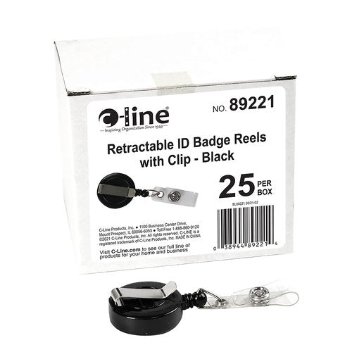C-Line Retracting ID Card/Badge Reels, Belt Clip with Snap-On ID Strap, 30-Inch Cord, Black, 25-Pack (89221)
