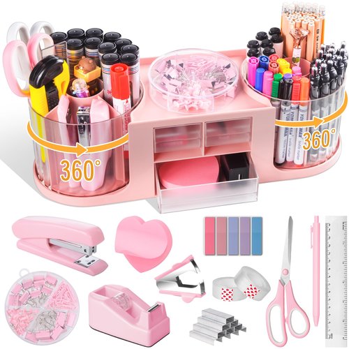 Pink Rotating Desk Organizer and Accessories,Office Supplies 360°Pen Holder with 3 Drawer and Tape Dispenser,Stapler,Staple Remover,Staples,Clips Set,Ruler,Scissor,Pen for Office School Home (Pink)