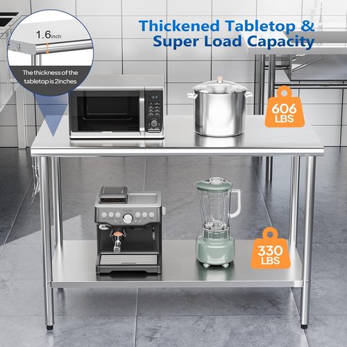 ROVSUN Stainless Steel Prep Table - 48'' x 24'' Heavy Duty Workstation with Adjustable Under-Shelf | Ideal for Kitchen, Restaurant, and Outdoor Use