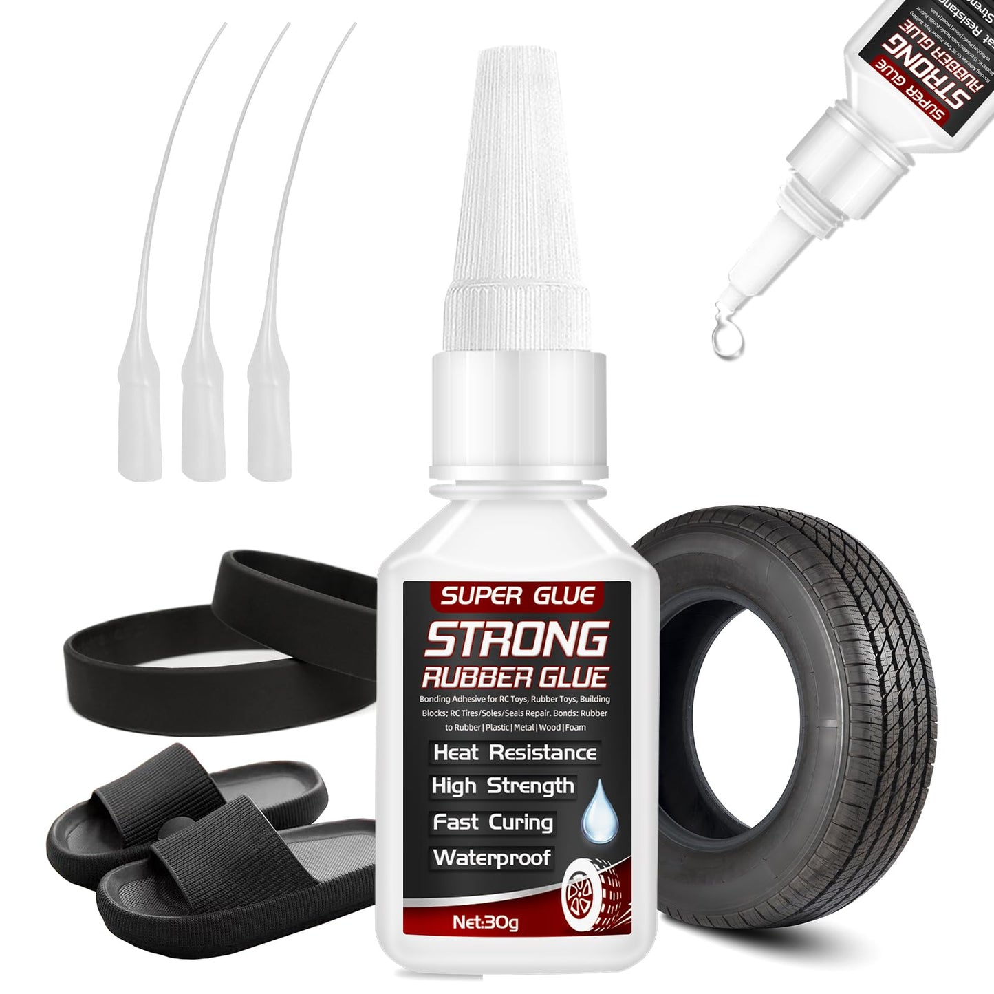 Rubber Glue, 30g Super Glue for Rubber, Tires, Seals, Gaskets, Shoe Soles, Hose, Tire Adhesive Heavy Duty, Waterproof, with Anti-Clog Cap, Heat-Resistant (with 3 Droppers)