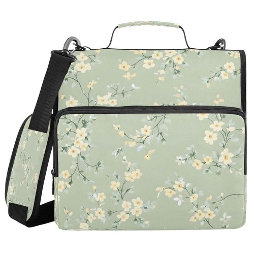 Wassud Pastel Green Floral Zipper Binder 3 Ring with Shoulder Strap and Handle Multiple Pockets Expanding File Folder Organizer