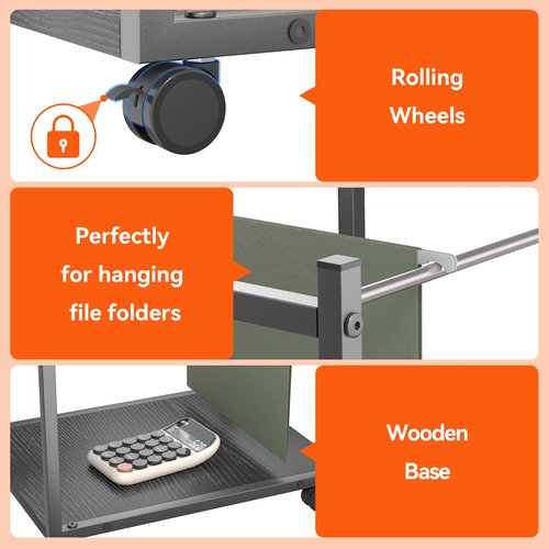 Aquzee Rolling File Carts with Wheels Hanging Files, Under Desk File Organizer for Home Office, Small Mobile Filing Cart Organizer on Wheels Fits for Letter Size Hanging File Folders, Black