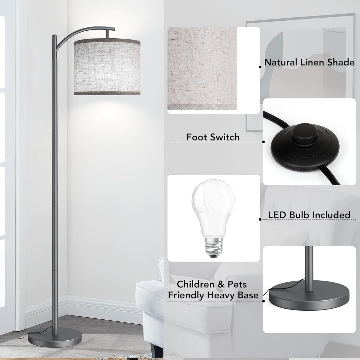 Skiennix Floor Lamp - Tall Industrial Design with 3 Color Temperatures | Beige Lampshade Included