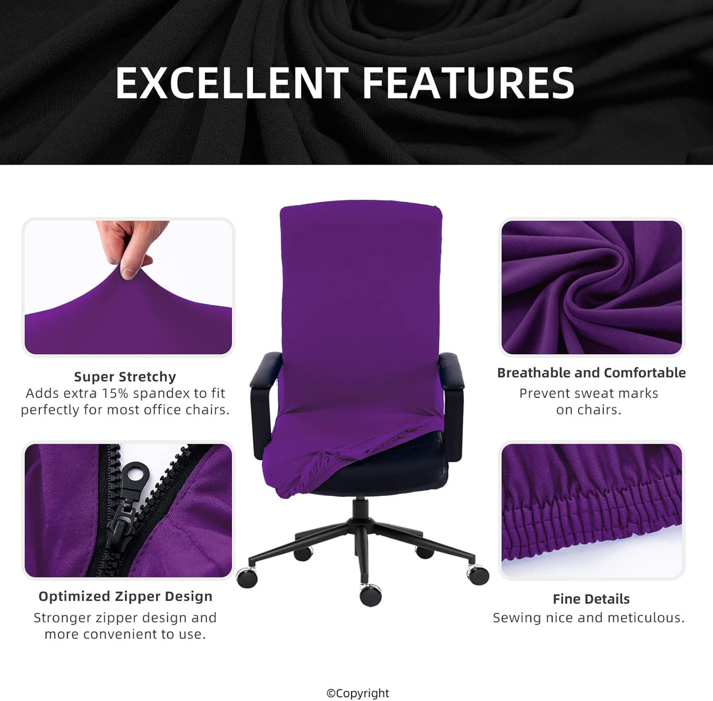 Stretch Chair Cover by Skiennix - Durable Zipper, Washable Spandex Slipcover for Office Chairs - Purple