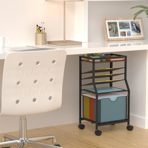 BOHDK Rolling File Cart, 6-Tier Desk File Organizer on Lockable Wheels, Brown Wood Planks & Mesh Sliding Hanging Folder Drawer, Organization Cart for Office Home School