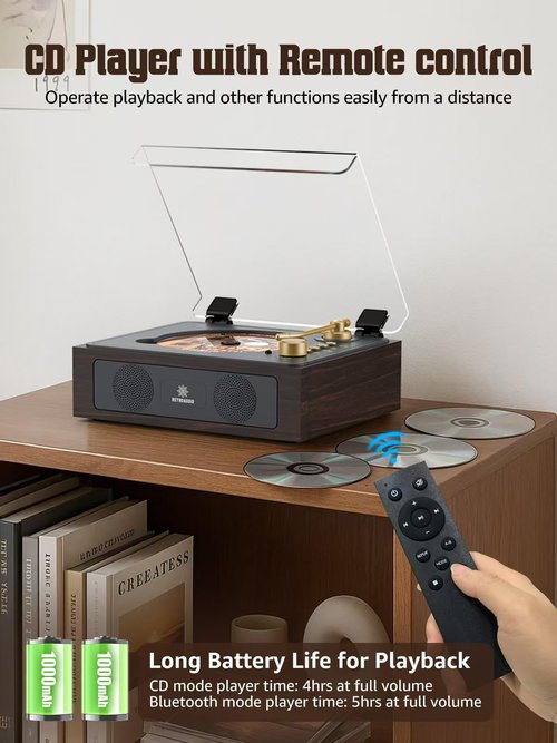 CD Player with Built-in Speakers Bluetooth Retro Portable CD Players for Home Music Player with Remote Control Headphone Jack Walnut Brown