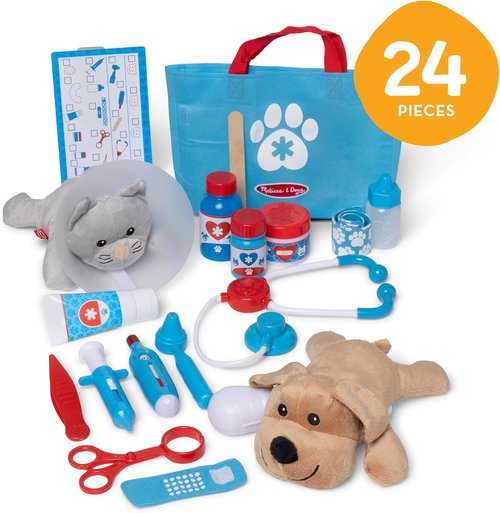 Melissa & Doug Pet Vet Play Set - 24-Piece Animal Doctor Kit with Plush Dog & Cat Toys for Ages 3+