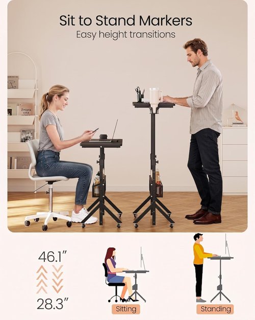 ErGear Mobile Standing Desk - Adjustable Height 28.3″ to 46.1″ | Rolling Laptop Cart with Cup Holder & Storage Basket - Black (31.5″ x 15.75″)