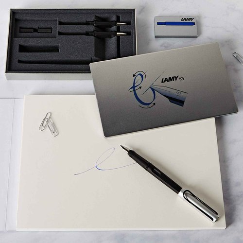 Lamy joy AL black calligraphy fountain pen set - fountain pen with 3 different nibs (1.1/1.5/1.9 mm) - calligraphy pen with ribbon nib & ergonomic grip - incl. 5 T 10 blue ink cartridges