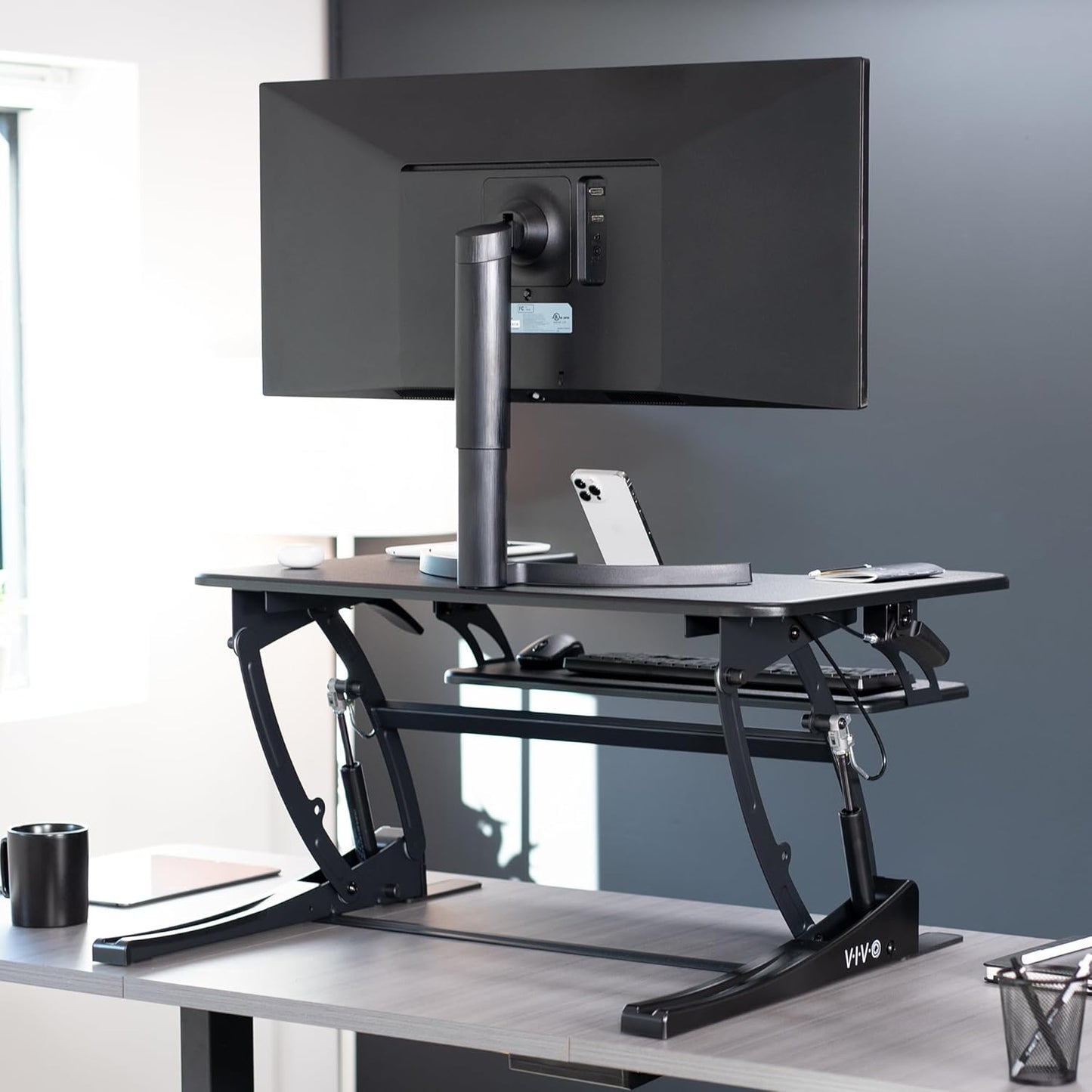 VIVO Height Adjustable Stand Up Desk Converter - Dual Monitor Riser Workstation, Black, 32 Inch
