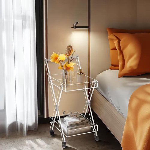 2-Tier Acrylic Rolling Cart Mobile Bar Cart & Snack Rack for Kitchen, Bathroom & Office - Versatile Utility Cart with Wheels for Storage & Organization