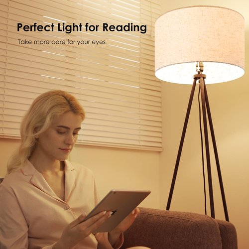 BoostArea Tripod Floor Lamp, 15W LED Bulb, 3 Levels Dimmable Brightness, Linen Shade, Mid Century Standing Lamp for Living Room, Bedroom, Study Room and Office