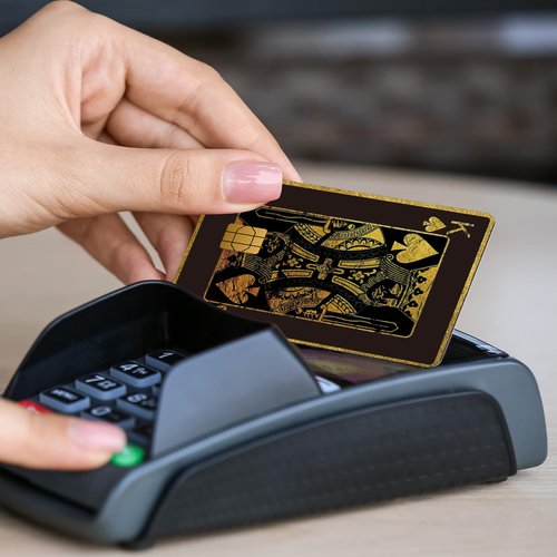 Aposwow Credit Card Skin Stickers - 4 Pcs Playing Cards Debit Card Skin Stickers, Black Gold Poker A K Q J Theme Removable Waterproof Decal Cover Set for DIY Key, Transportation Cards
