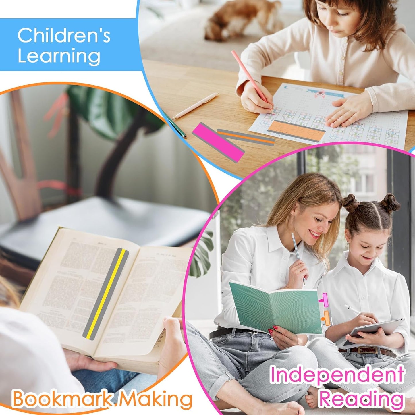 Skiennix Guided Reading Strips - 8 Colorful Text Overlays with 6 Finger Highlighters for ADHD & Early Readers