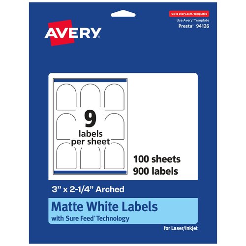 Avery Matte White Arched Labels, Sure Feed Technology, 3" x 2.25", 900 Labels, Print-to-The-Edge, Laser/Inkjet Printable