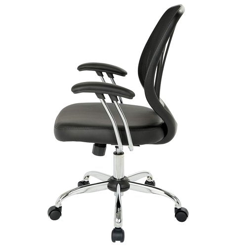 Office Star Breathable Screen Back Office Chair with Padded Faux Leather Seat and Chrome Finishes, Black