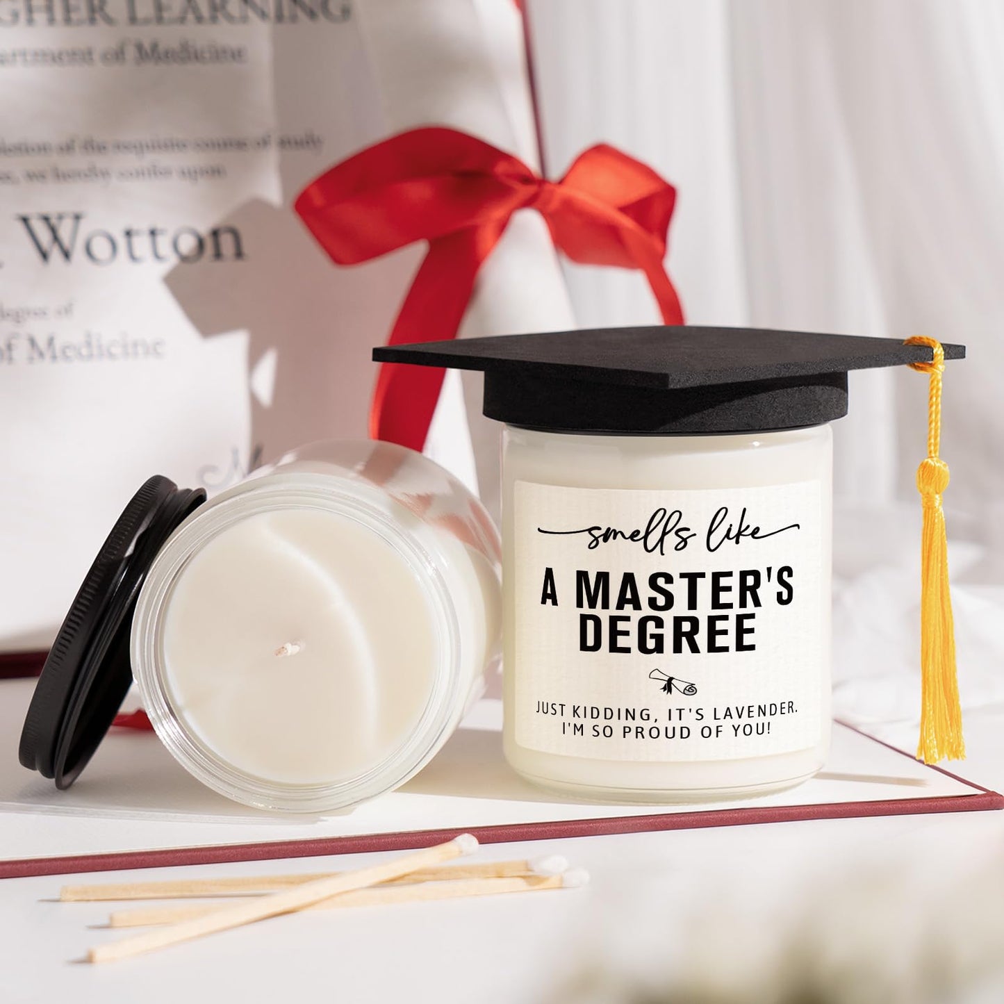 Musaecoin Masters Degree Graduation Gifts- Funny Masters Degree Candle with Mortarboard- Graduation Gift for Her/Him/Graduates, Grad Gift for Women/Men, Lavender, Soy Wax